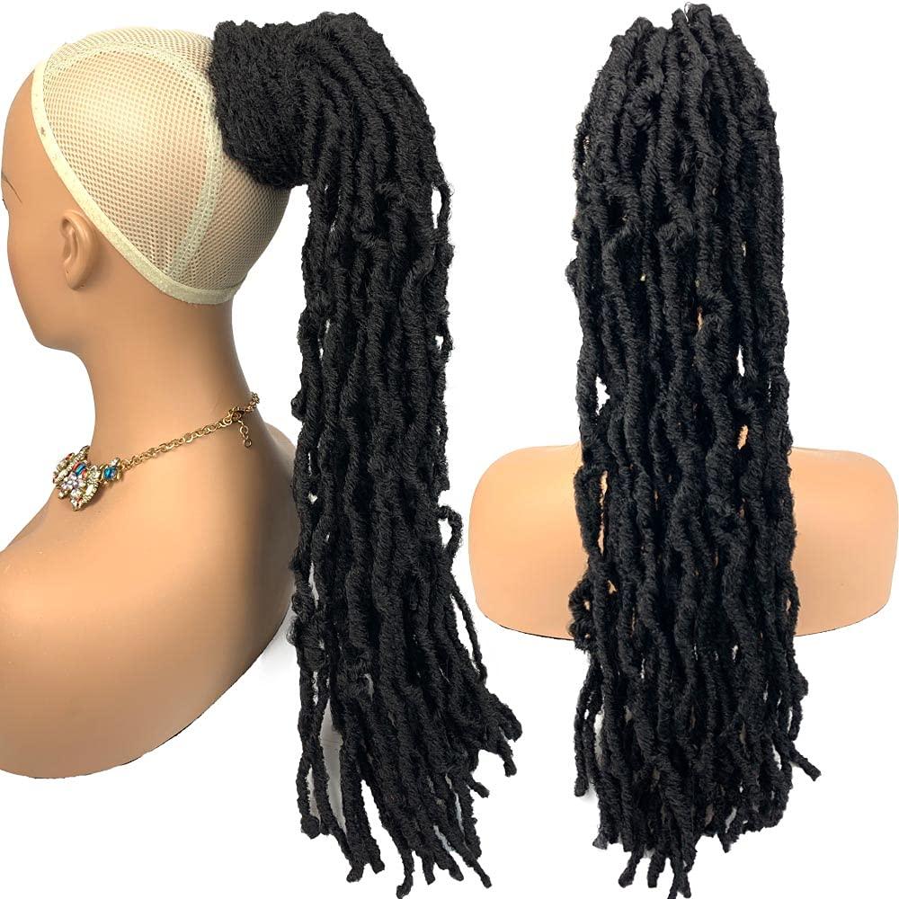 HAPPY&CC Braided Drawstring Ponytail Long Nubian Locs Hair Pieces Ponytail Bun Clip in Braiding Hair Drawstring Ponytail Crochet Braids Hair Extensions for Black Women(#1B, 20)
