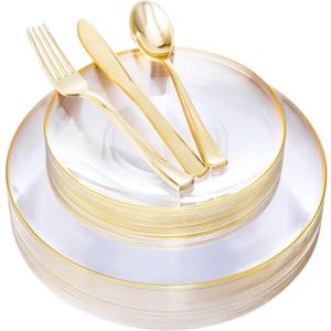 Nervure 125PCS Clear Gold Plastic Plates - Clear Plastic Plates with Gold Rim Include 25 Dinner Plate, 25 Dessert Plate, 25 Forks, 25 Knives, 25 Spoons for Wedding & Party & Thanksgiving