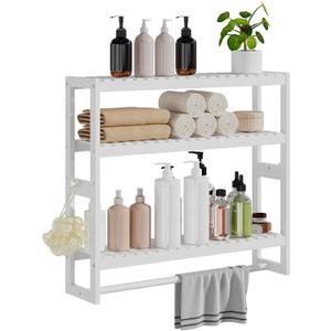 RRX Bathroom Shelf Storage Organizer, Bathroom Shelf 3-Tier Adjustable Layer Bamboo Organizer with Bar,Hanging, Freestanding Over Toilet Utility Shelves,White