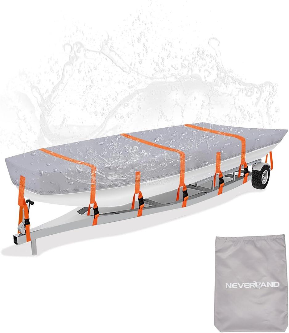 Jon Boat Cover 14ft - 16 ft Heavy Duty Jon Boat Waterproof Trailerable Jon Boat Covers with Windproof Straps, Fits 16ft Long and Beam Width up to 75 inches, Gray