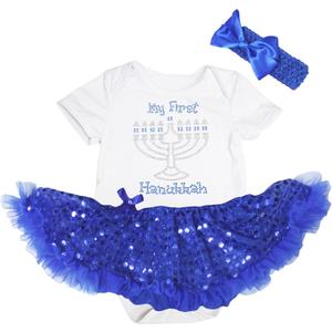 Petitebella Rhinestones My First Hanukkah Baby Dress Nb-18m (0-3 Months, White/Blue Sequins)