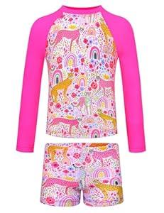 Girls Swimsuit Size 3t-4t Pink Cheetah Long Sleeve Rash Guard Sets Bathing Suits with Shorts Swimwear