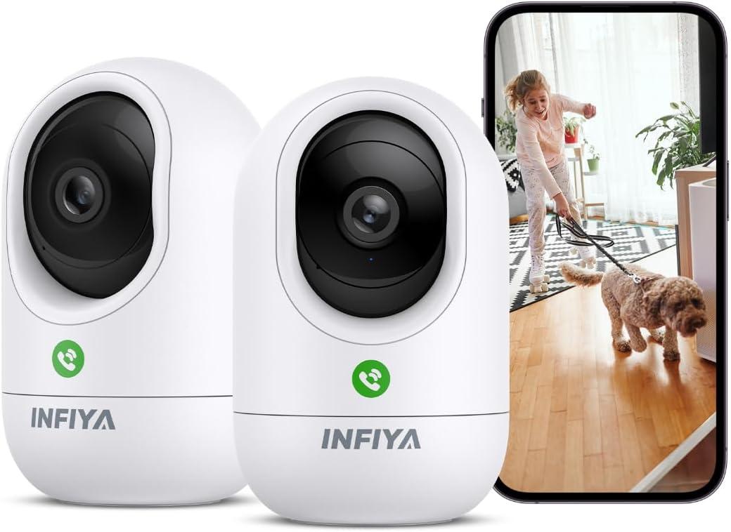 INFIYA 2K Security Camera Indoor-360 Cameras for Home Security and One-Tap Call, Elderly/Cat/Baby/Nanny, Motion Alert, Intelligent Tracking, 2.4GHz WiFi Only, Work with Alexa/Google Home, K7 2Pack