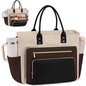 LOVEVOOK Laptop Tote Bag for Women With Large Cup Holder, Work Bags Teacher Nurse Bag, 15.6 Inch Professional Briefcase Business Travel Large Purses Handbag Gifts, Diaper Bag With Multi-Pockets (Coffee-apricot-black)