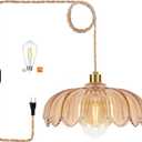 Plug in Pendant Light Hanging Lights with in Cord Mid Century Modern Gold Hanging Lamp Flower Glass Amber Vintage Dimmable Chandelier Ceiling Fixture for Living Room,Kitchen,Boho