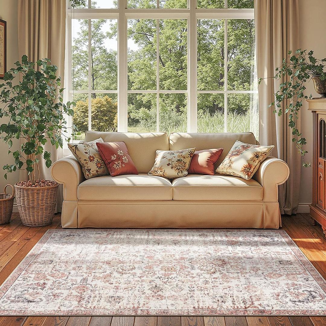jinchan Kalen Area Rug 4x6 Washable Bedroom Rug Vintage Indoor Thin Floor Cover Retro Accent Mat Distressed Floral Country Boho Non Slip Carpet for Living Room Kitchen Dining Room Office Red Multi