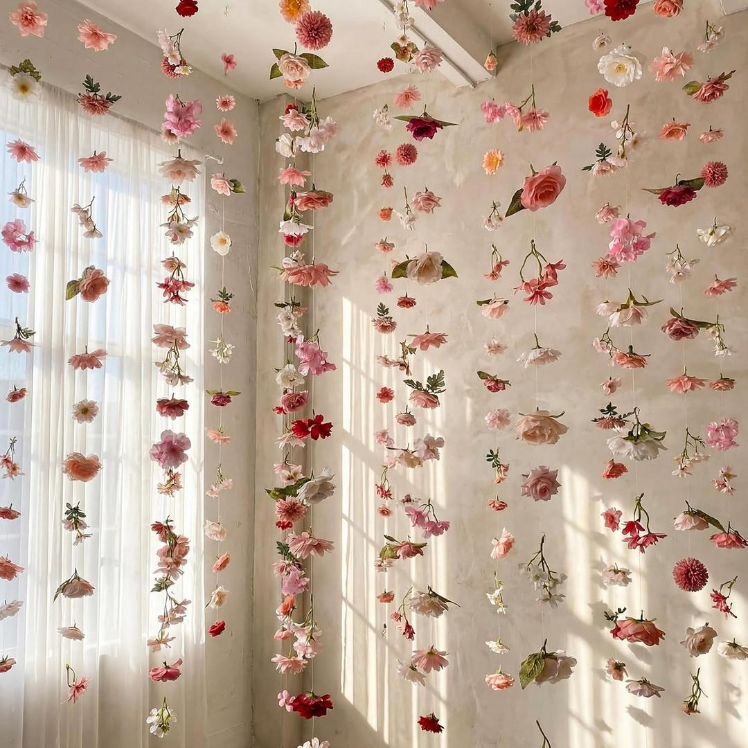 Suncalla 6 Pcs 35.46 ft Flower Garlands Backdrop Spring Artificial Wildflower Vines Floral Decorations for Party Fake Flower Vines Faux Silk Wildflower for Easter Wedding Garden Wall Arch(Pink)