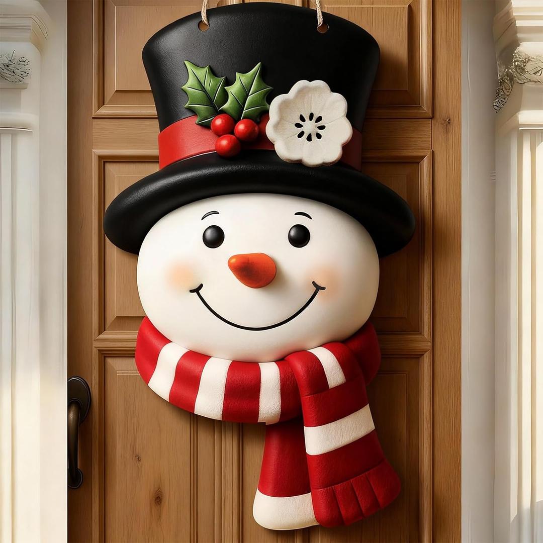 Vicenpal Winter Snowman Wooden Hanging Sign Farmhouse Rustic Christmas Door Welcome Wreath Decoration for Xmas Party Indoor Outdoor Home Wall Window Front Door Decor(Cute Style)