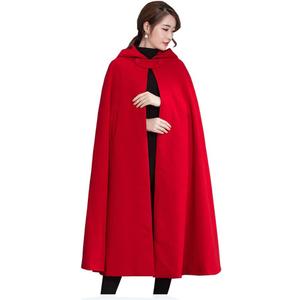 Winter Cape for Women Warm Red Cloak with Hood Wool Blend Poncho Cape Jacket (One Size)