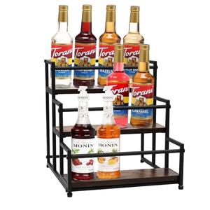 STAEVER Coffee Syrup Rack - 3-Tier 12 Syrup Bottles Holder - Liquor Bottle Display Shelf - Kitchen Cabinet Organizer for Jars, Condiments - Wooden Countertop Organizer for Seasonings, Tea, or Coffee