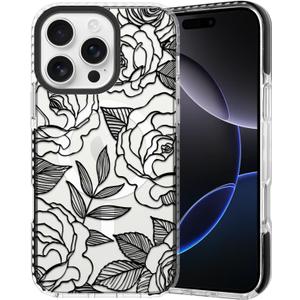 SAKUULO Floral Case for iPhone 16 Pro Max, Clear Black Rose Pattern Cute Slim Soft Silicone Shockproof Magsafe Compatible Case