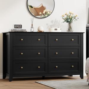 IDEALHOUSE Black 6 Drawer Dresser for Bedroom, 54" Wide Large Dresser with Deep Drawers & Metal Knobs, Modern Wooden Chests of Drawers for Entryway, Hallway, 15.7"D x 54"W x 31.5"H
