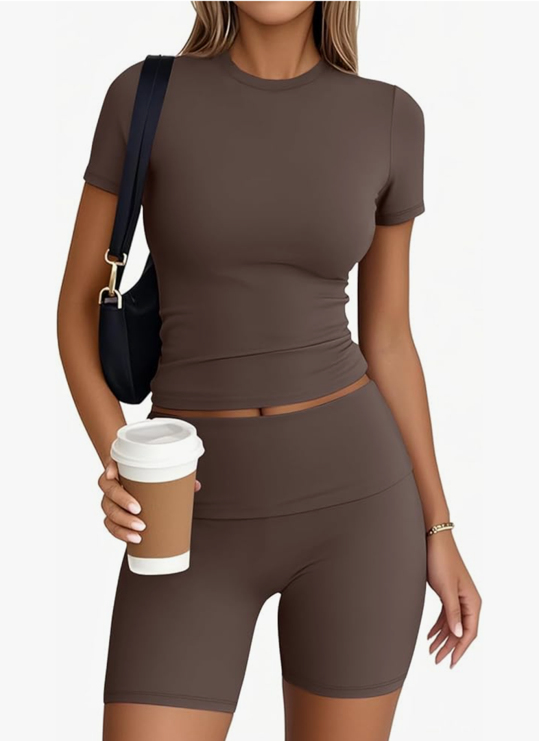 Trendy Queen Womens 2 Piece Workout Sets Short Matching Lounge Sets Summer Clothes Going Out Gym Outfits, Coffee Color ,S