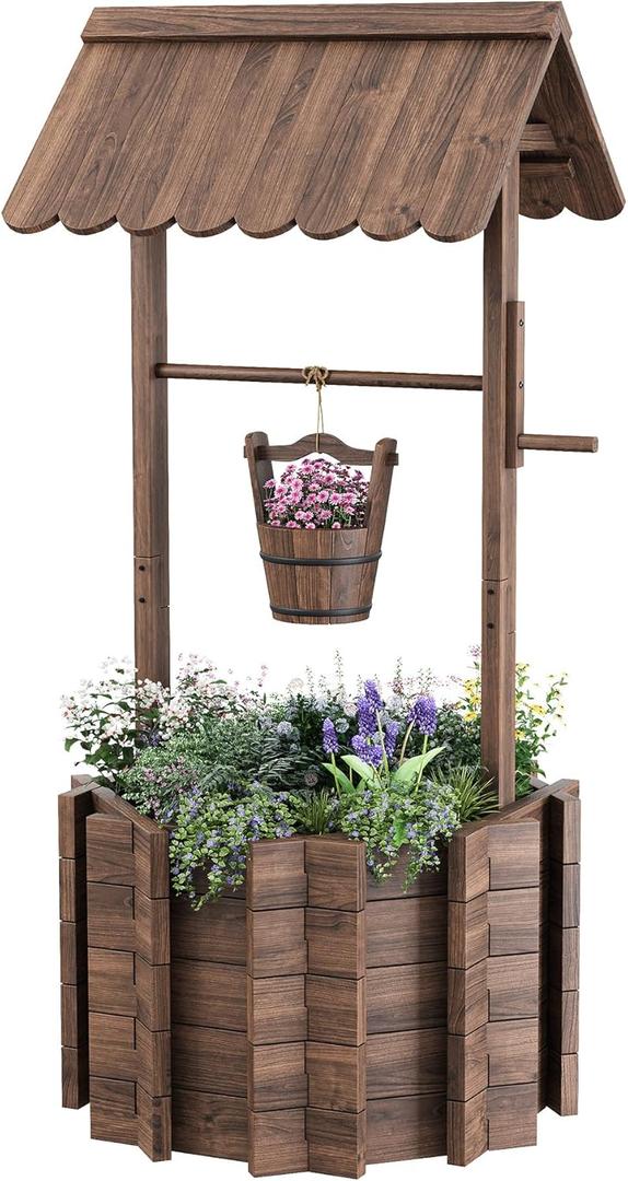 Amopatio Large Wishing Well for Outside, Wooden Wishing Well with Adjustable Hanging Bucket, Rustic Flower Planter Garden Patio Lawn Home Decor (25.60''x25.60''x 53.20")