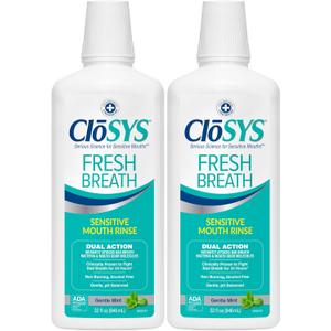 CloSYS Mouthwash, 32 Ounce, 2 Count, Fresh Breath Mouthwash, Gentle Mint, Alcohol Free, Dye Free, pH Balanced Mouth Wash, Helps Soothe Entire Mouth, Fights Bad Breath