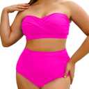 Yonique Women Plus Size Two Piece Swimsuits High Waisted Bathing Suits Bandeau Bikini Tummy Control Swimwear (Hot Pink) 
24 Plus
