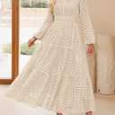 ZESICA Women's 2026 Spring Long Sleeve Maxi Dress V Neck Hollow Out Eyelet A Line Long Flowy Casual Party Dresses (Beige, L)