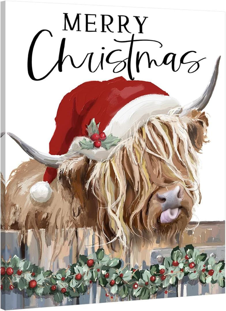 Christmas Highland Cow Wall Decor:Merry Christmas Canvas Wall Art Cow Pictures Farm Animal Prints Xmas Holiday Decorations Farmhouse Country Wall Hangings Paintings for Living Room 12x15 Inch