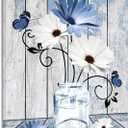 LB Blue Floral Wall Art for Bathroom Spring Daisy Flower on Retro Wood Gray Framed Canvas Wall Art Wall Paintings Butterfly Wall Pictures for Living Room Bedroom Office Ready To Hang, 12x16 Inch