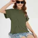 ZDC Girls Pleated Short Sleeve T Shirts Summer Crewneck Tops Casual Cute Basic Tees, Army Green, 140