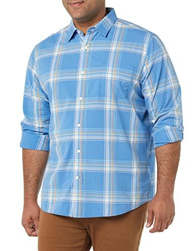 Amazon Essentials Men's Long-Sleeve Stretch Poplin Shirt, Light Blue Orange Plaid, Small