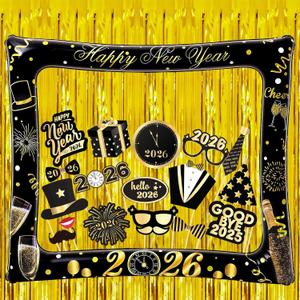 KatchOn, New Years Photo Booth Props Frame Set - 30 Inch- Pack of 38 | New Years Eve Photo Booth Props for Happy New Years Decorations 2026 | Gold Foil Fringe Curtains for NYE Decorations 2026