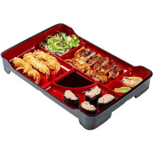 Restaurantware Bento Tek 14 x 9.1 x 2 Inch Compartment Lunch Plates 1 Japanese Style Adult Lunch Plate - With 5 Compartments Reusable Black & Red Plastic Separated Meal Plate For Hot & Cold Food
