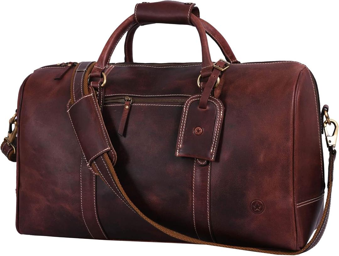 Aaron Leather Duffle Bag for Men & Women, 30L Travel Overnight Weekender Garment Duffel Bags, Carry On Mens Weekend Bag for Business, Traveling, Luggage Bag - Walnut