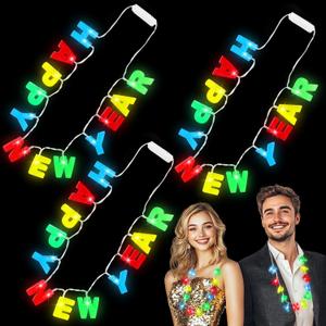 3 Pack Light Up Happy New Years Necklaces New Years Eve Party Supplies for Adult, Colorful Nye Necklaces with 14 Leds 3 Modes Glow In the Dark Party Accessories New Years Birthday Party Favors