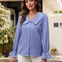 siliteelon Plaid Shirts for Women Gingham Top Button Down Shirts Peter Pan Collar Puff Long Sleeve Cotton Casual Work Blouse Blue