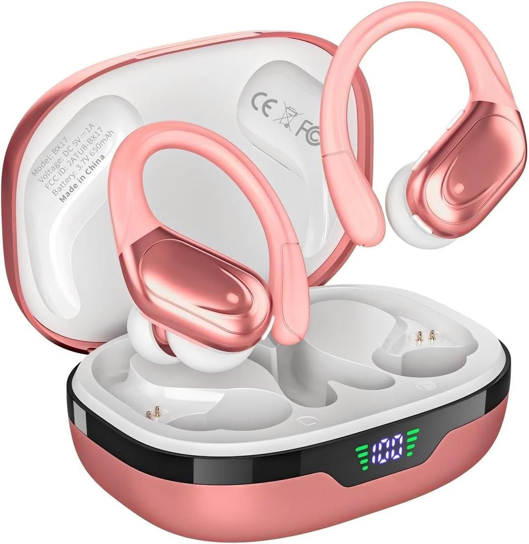 Wireless Earbuds, Sports Bluetooth Headphones, 80Hrs Playtime Ear Buds with LED Power Display, Noise Canceling Headset, IPX7 Waterproof Earphones for Workout/Running (A-Rose Gold)