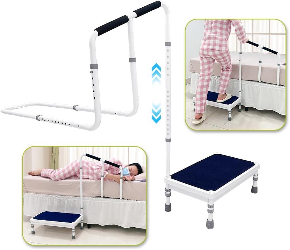 Bed Steps for High Beds for Adults Step Stool with Handle for Elderly 2-in-1 Bedside Guard Rails Bed Cane for Seniors Medical Safety Railing Stop Falling Out of Bed Assistance (21.6"-Stool)