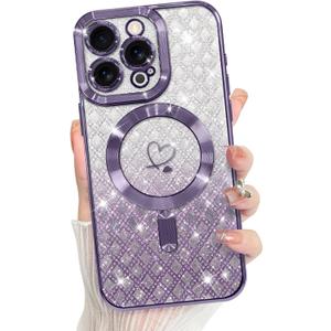 Bonoma Compatible with iPhone 15 Pro Case Support for MagSafe, Plating Heart Glitter Magnetic Checkered Case TPU Camera Protection Back Cover for Girls Women -Purple