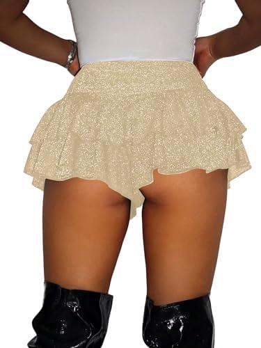 RoseSeek Women's Sequin Glitter Booty Shorts Layered Ruffle Sparkly Skirts High Waisted Club Party Rave Cheeky Skorts, Gold, M