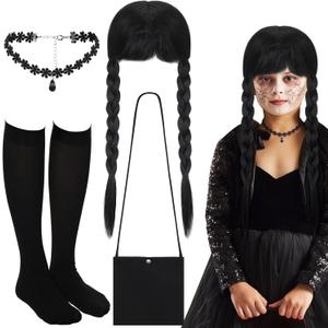 Xtinmee 4 Pcs Halloween Costumes Accessories for Girls Halloween Cosplay Party Outfit Set Black Gothic Choker Wig Bag Socks for Kids