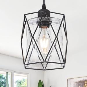 Black Pendant Light Over Table Cage Blown Clear Seeded Glass Farmhouse Hanging Light Fixture Industrial Adjustable Cord for Kitchen Island Dining Room Above Sink