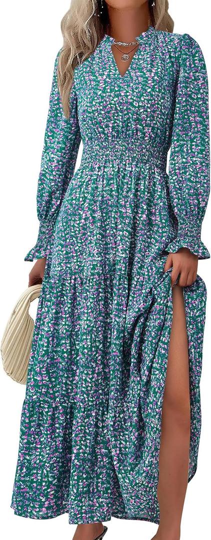 PRETTYGARDEN Women's Floral Maxi Dress 2026 Fall Long Sleeve V Neck A Line Long Flowy Spring Party Boho Dresses (M)