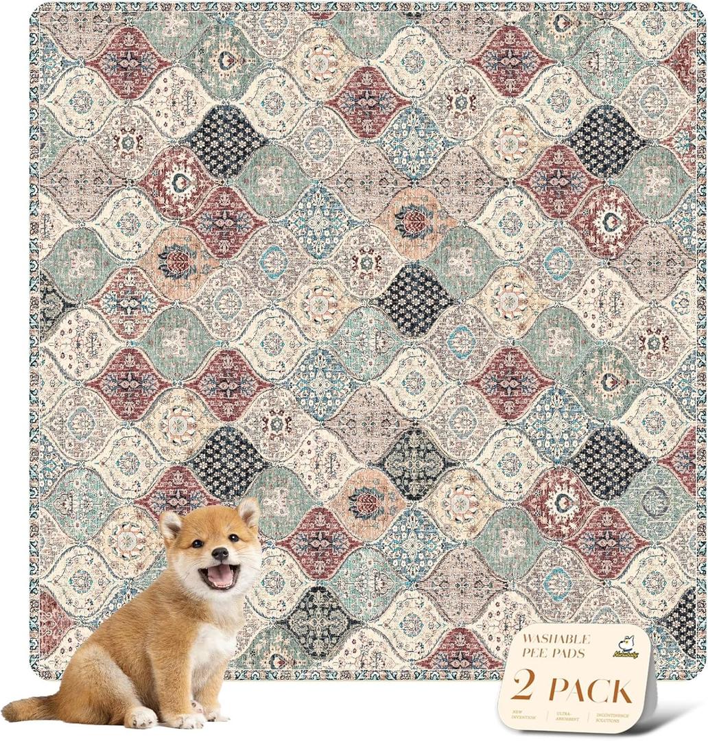 nunubaby Washable Pee Pads for Dogs, Stylish, Non-Slip and Leak-Proof Pee Pads. Reusable Potty Pads for Dogs for Crates and Floors.(Dark Red/Multi, 36" x36" ) (36x36 Inch (Pack of 2))