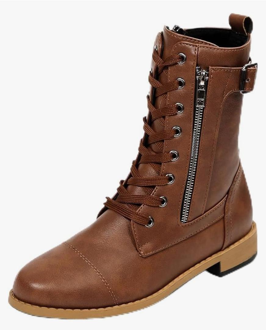 Women's Leather Chunky Heel Ankle Boots with Side Zipper Fashion Buckle Strap Comfortable Round Toe Low Heels Lace Up Combat Bootie Fall Winter Retro Casual Work Short Boots. Size C23/7