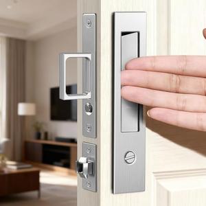 Privacy Pocket Door Lock with Pop-Up Pull Handle, Pocket Door Hardware for Bedroom, Bathroom and Office, Recessed Flush Sliding Door Lock, Fits 1-3/8" to 2-1/4" Thick Doors, Silver
