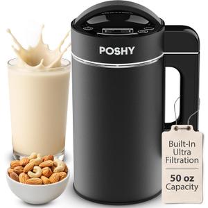 Poshy Nut Milk Maker 50 oz (1.5 L)  Ultra Filtration (No Mesh Bags), Self-Clean, Quiet Motor, Texture Control  Almond/Oat/Soy  Stainless Steel, 120V