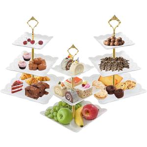 3Pcs White Square 3 Tiered Cake Stands, 3 Tier Serving Tray Cupcake Holder Dessert Stand Fruit Candy Display Table Decorations for Home Party Birthday Tea Party Baby Shower