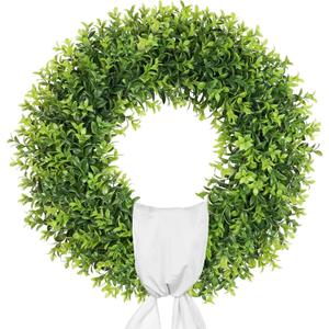 24 Inch Large Boxwood Wreath Spring Summer with Sash Artificial Green Wreaths for Front Door Farmhouse Wedding Window Hanging Wall All Year Round Indoor & Outdoor St Patrick's Day Decor