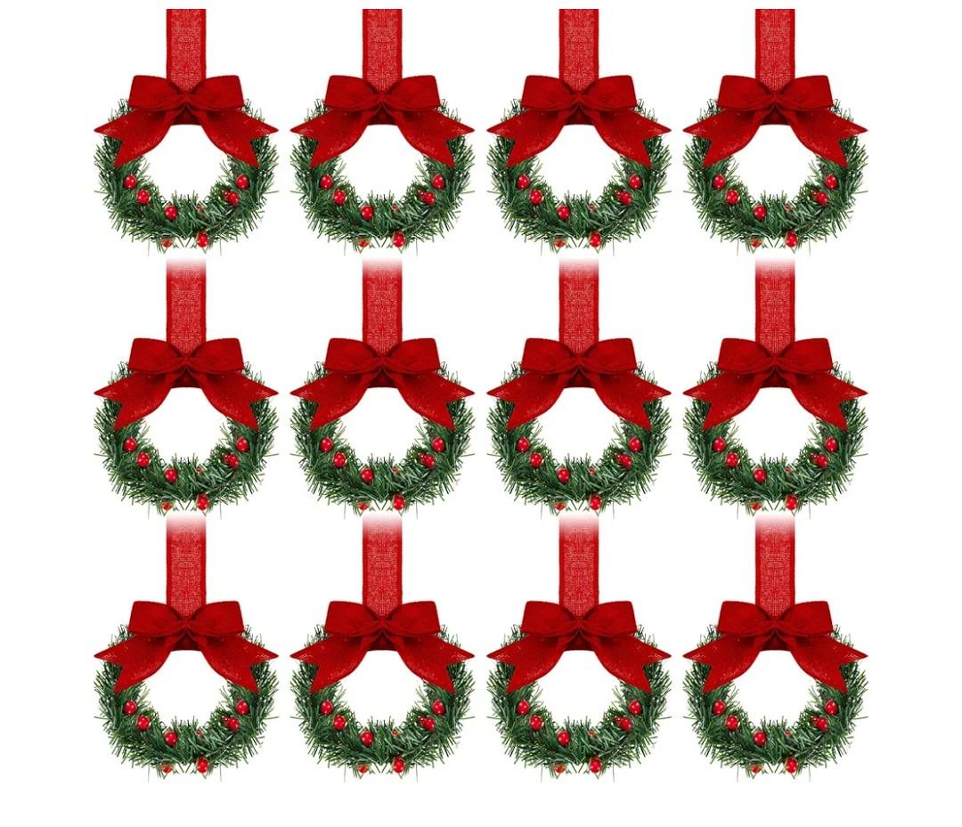 Retrowavy 12 Pcs Christmas Kitchen Cabinet Wreaths with Ribbon 3.94 Inch Mini Christmas Wreath Small Kitchen Xmas Decor for Window Door(Red,Classic Style)
