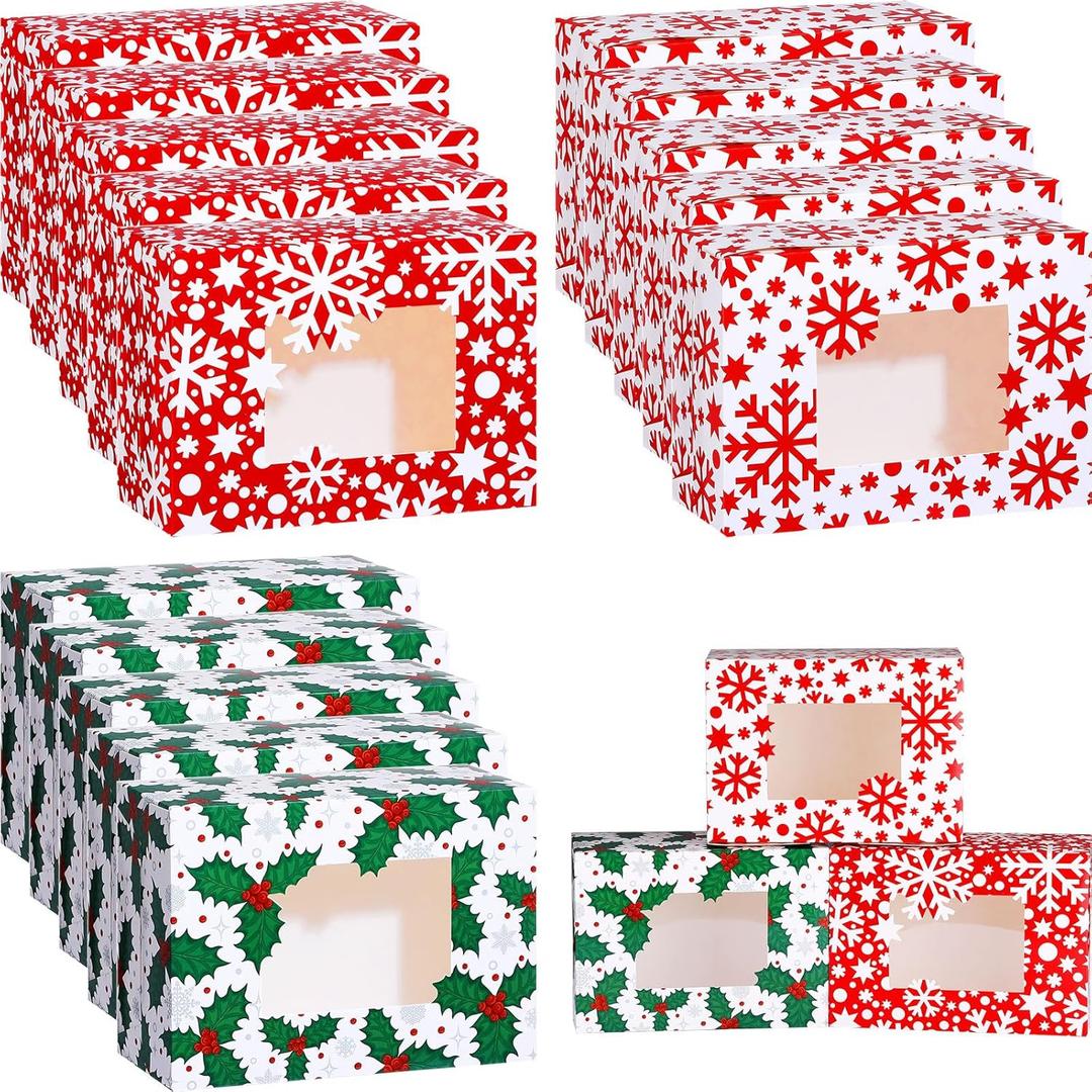 Tenceur 60 Pcs Christmas Cookie Boxes with Window Bulk Christmas Snowflakes Bakery Gift Boxes 8.3 x 5.9 x 3.7 Inch Holiday Cupcakes Boxes for Pastries, Donuts, Treat and Xmas Party Favor