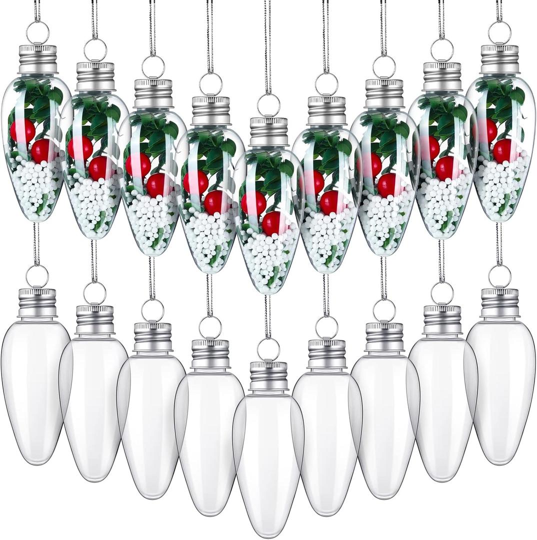 60 Pcs Christmas Clear Plastic Bulb Shape Fillable DIY Light Bulb Ornaments Empty with 2 Pcs Silver Rope for Candy DIY Craft Tree Decor