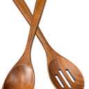 2Pcs Wooden Spoons for Cooking, Natural Premium Teak Wood Corner Spoon & Slotted Spoon, Good Grip Large Cooking Spoons Spatula, Heat Resistant Wooden Kitchen Cooking Utensils Set for Nonstick Cookware