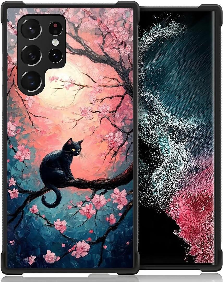 CARLOCA Compatible with Samsung Galaxy S23 Ultra Case for Girls Boys Hard Shell Shockproof Protection Non Slip for Samsung Galaxy S23 Ultra Fashion Pattern Black Cat Cherry Blossom Branch Flowers