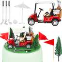 Leitee 21 Pcs Golf Cake Topper Cake Decoration Cupcake Topper Include Mini Cart Red Flag Ball Green Tree Club Sun Umbrella for Golf Themed Birthday(Red,Classic)