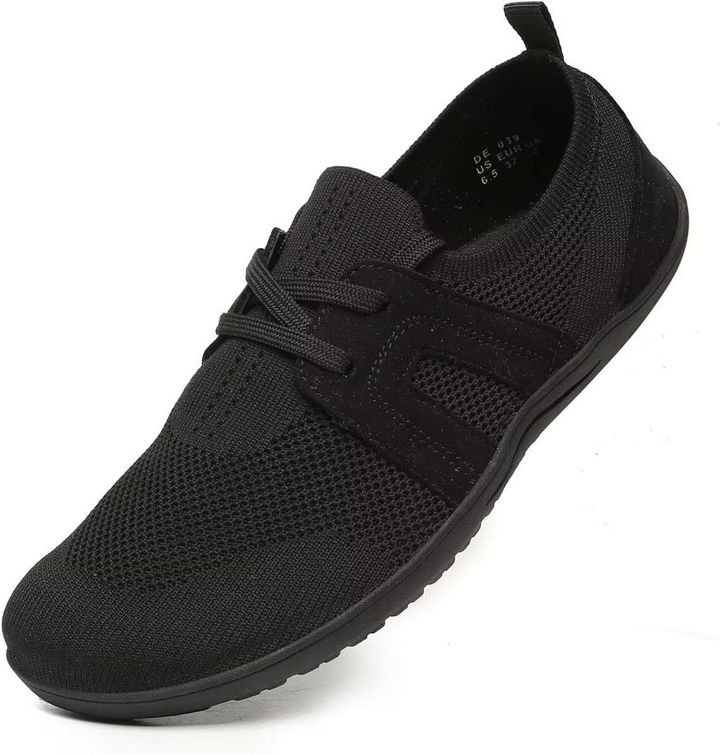 Women's Wide Toe Minimalist Barefoot Walking Shoes Knit Comfortable Mesh Lace-up Shoes Casual Tennis Gym Athletic Sneakers (8.5, All Black)